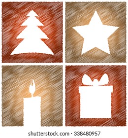 Scribbled christmas background with gift, candle, christmas star and tree. Vector illustration. 