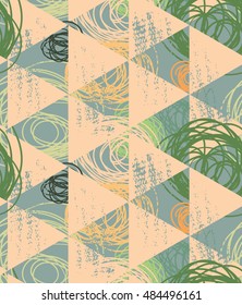 Scribbled circles and green triangles.Hand drawn with ink seamless background.