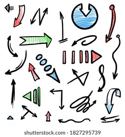 Scribbled color arrow. Hand drawn scribbled color arrow mark different shape, size and form isolated icon set on white background. Vector business info graphic design element illustration