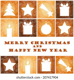 Scribbled color Christmas background pattern card with tree, star, candle, gift, Christmas ball, falling star and text happy new year. Vector illustration.