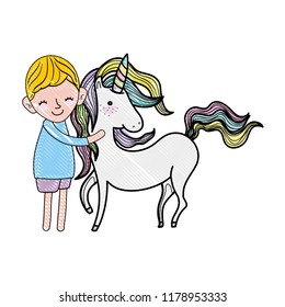 scribbled cute boy with beauty unicorn animal