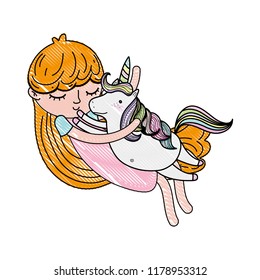 scribbled cute girl hugging nice unicorn