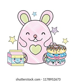 scribbled female mouse with kawaii donuts and milk