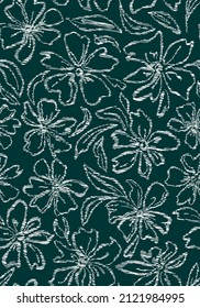 Scribbled flowers with leaves seamless repeat pattern. Abstract, vector botany floral all over surface print on dark green background.