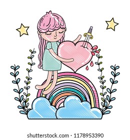 scribbled girl with heart and rainbow clouds with branches