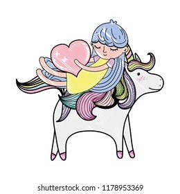 scribbled girl with heart riding cute unicorn