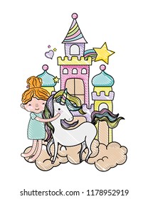 scribbled girl hugging unicorn in the castle with clouds