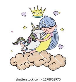 scribbled girl hugging unicorn in the clouds with crown and hearts
