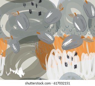 Scribbled gray plums on marker orange details.Creative abstract colorful seamless pattern. Universal bright background for greeting cards, invitations. Had drawn ink and marker texture.