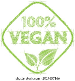 scribbled green 100 percent VEGAN label or logo isolated on white background, vector illustration