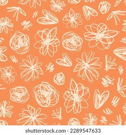 Scribbled grunge hearts and circles seamless repeat pattern. Random placed, hand drawn, grunge vector elemens all over surface print on orange background.