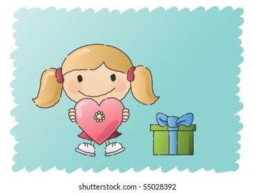 Scribbled, hand-drawn vector illustration of a happy girl with a heart in her hand and a gift in the bottom right corner.  Suitable for Father's Day and Mother's Day.