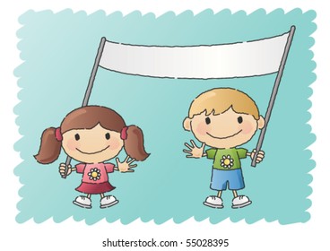 Scribbled, hand-drawn vector illustration of a happy boy and girl holding a banner.  You can place your own text on the banner.