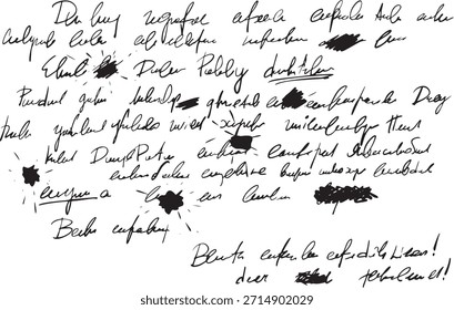 Texturierte Handschrift, schwarze Tinte, die abstrakten Text und gelöschte Wörter kratzt. Abstrakte schwarze Tintenkratztextur auf weißem Hintergrund.