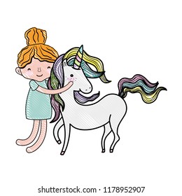 scribbled happy boy hugging beauty unicorn