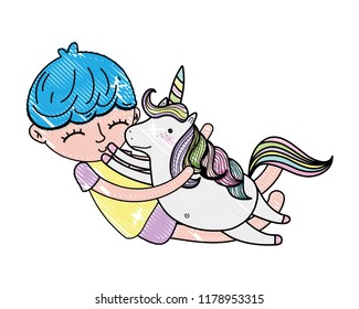 scribbled happy boy hugging nice unicorn