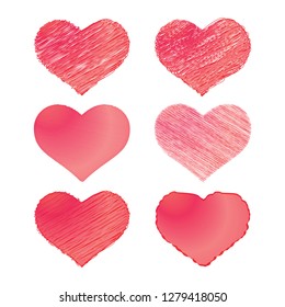 Scribbled hearts set with hand drawn style scribbled ink hearts in a pretty pink & red gradient color vector design isolated on a white background