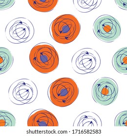 Scribbled ink grunge circle vector seamless pattern background. Hand drawn brush stroke orange blue ring shapes on white backdrop. Bold swirl design. Modern all over print for vacation summer concept.
