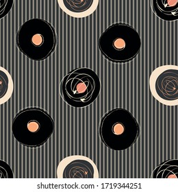 Scribbled ink grunge circle vector seamless pattern background. Hand drawn brush stroke black coral ring shapes on striped backdrop. Bold swirl design. All over print for modern luggage fabric.