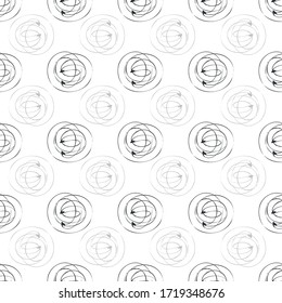 Scribbled ink grunge circle vector seamless pattern background. Hand drawn brush stroke black and white ring shapes backdrop. Simple swirl design. Minimal all over print for modern packaging concept