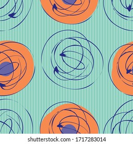 Scribbled ink line circle vector seamless pattern background. Hand drawn brush stroke ring shapes neon blue orange backdrop. Bold abstract swirl design. All over print for modern packaging concept.