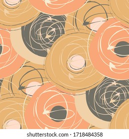 Scribbled ink line circle vector seamless pattern background. Monochrome terracotta coral brush stroke swirls backdrop. Abstract overlapping rings. All over print for modern packaging, stationery