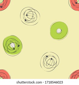 Scribbled ink line circle vector seamless pattern background. Retro brush stroke swirls green red backdrop. Bold 1950s style hand painted repeat. All over print for mid century style fabric home decor