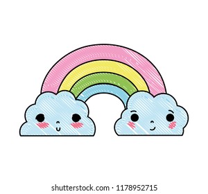 scribbled kawaii cute fluffy clouds and rainbow