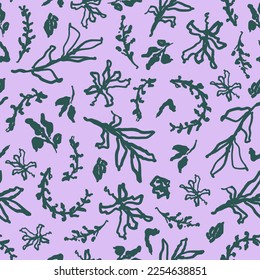 Scribbled leaves, herbs, plants seamless repeat pattern. Random placed, hand drawn vector botany all over surface print on lilac background.