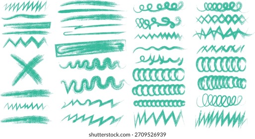 Líneas garabateadas y Formas en color verde azulado. Incluye círculos, ondas, cruces y zigzags Elementos artísticos para el diseño.