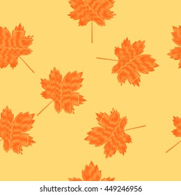 Scribbled maple leaves seamless pattern on a light yellow background. Autumn background.