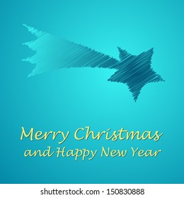 scribbled merry christmas blue bethlehem star with text on the light blue background and happy new year
