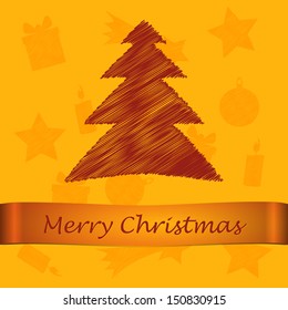 scribbled merry christmas brown tree with text on the yellow background with orange pattern