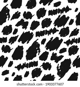 Scribbled monochrome black and white seamless pattern vector. Hipster raw fresh style animal print. Abstract arty felt tip pen strokes shapes. Trendy quirky chic graphic design composition tile swatch