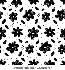 Scribbled Monochrome Grunge Flowers Seamless Pattern. For vintage fabric, textile, wallpaper, wrapping paper
