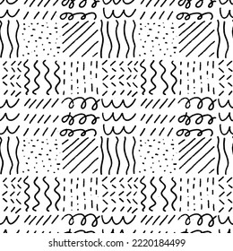 Scribbled Monochrome Patchwork Geometric Seamless Pattern 