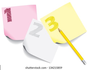 Scribbled numbers on color note papers with pencil