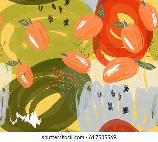 Scribbled orange plums on marker green details.Creative abstract colorful seamless pattern. Universal bright background for greeting cards, invitations. Had drawn ink and marker texture.