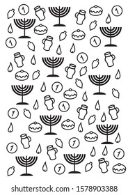 Scribbled painting on Chanukah holiday, the painting has a menorah, coin, pottery, flame, spinning top, black pattern on a white background.