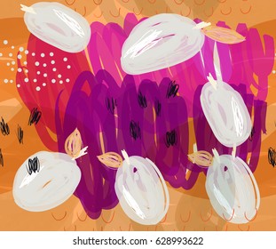 Scribbled plums on marker purple details.Creative abstract colorful seamless pattern. Universal bright background for greeting cards, invitations. Had drawn ink and marker texture.
