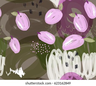 Scribbled purple plums on marker green details.Creative abstract colorful seamless pattern.  Universal bright background for greeting cards, invitations. Had drawn ink and marker texture.