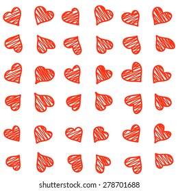 Scribbled red hearts seamless pattern