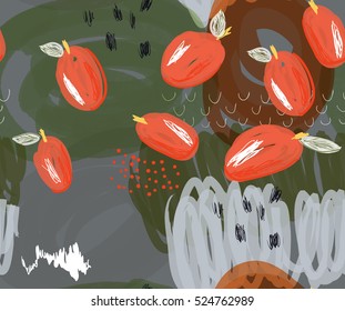 Scribbled red plums on marker green details.Creative colorful seamless pattern. Tribal ethnic motives. Universal bright background for greeting cards, invitations. Had drawn ink and marker texture.