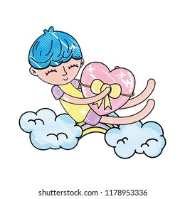 scribbled sleeping boy and heart with ribbon bow in the cloud