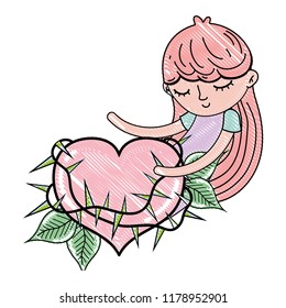 scribbled sleeping girl with thorned heart and leaves