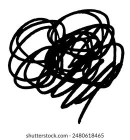 Scribbled spot of chaotically drawn intersecting marker lines with smooth round shapes. Vector illustration concept of abstract tangled thoughts in head on white isolated background.