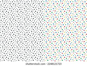 Scribbled spots, polka dot seamless pattern, set of 2, doodle hand drawn paint brush design, abstract geometrical, multicolours, black and white palette. Transparent background, vector illustration