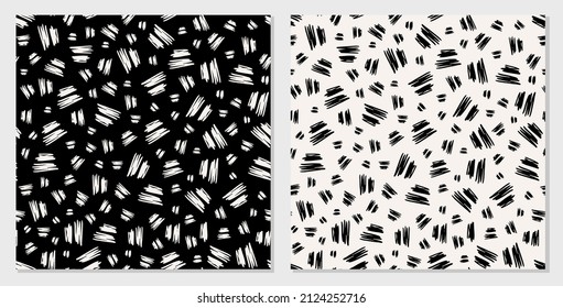 Scribbled stroke lines seamless repeat pattern. Set of black and white, vector abstract minimal all over print.