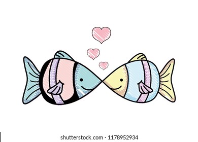 scribbled tropical couple fish animals with hearts