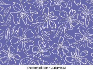 Scribbled very peri botanical florals seamless repeat pattern. Random placed, hand drawn vector flowers with leaves all over print background.